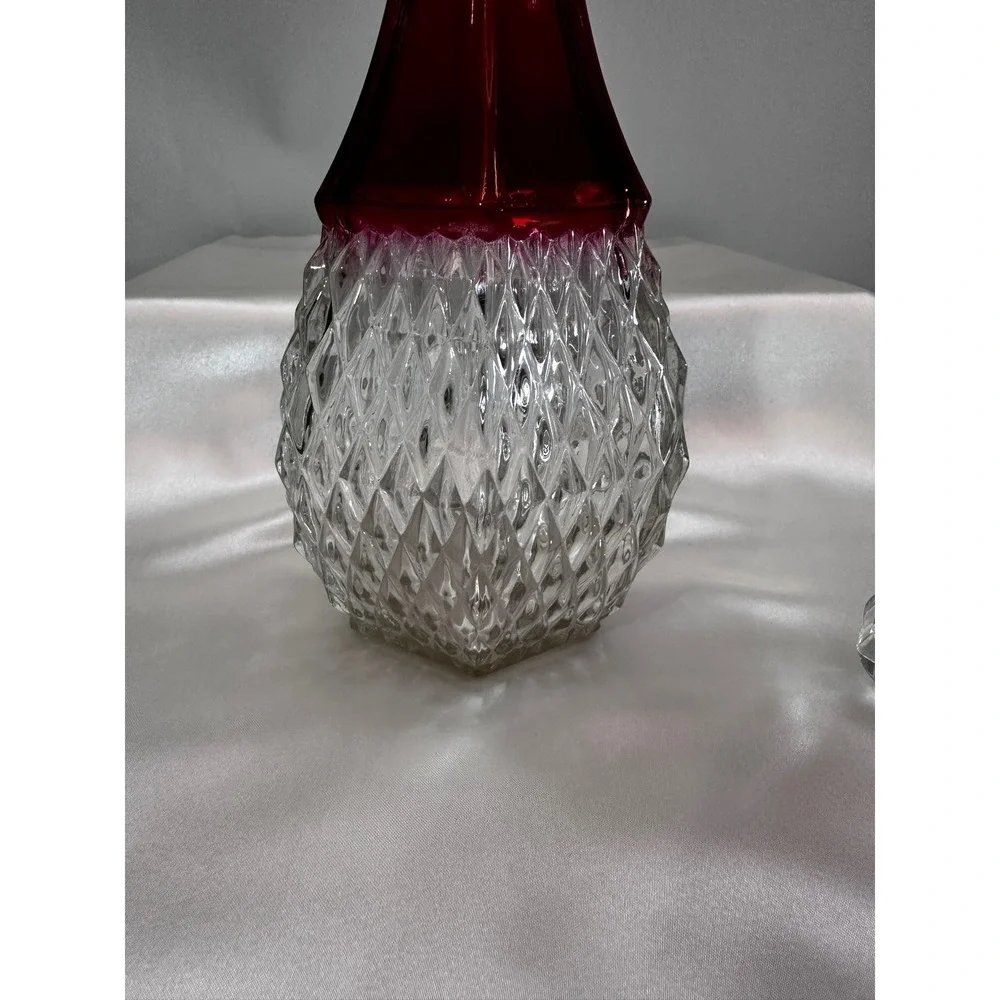 Vintage Kings Crown Ruby Flash Glass Decanter‎ with Stopper 12 Inch Hexagonal